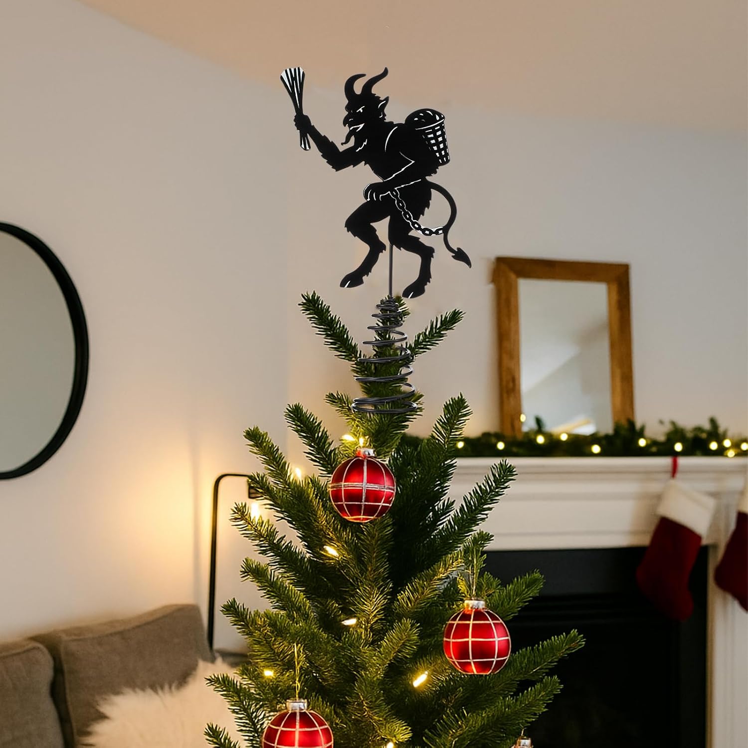 Soulchen 7.9 x 6 Inches Krampus Christmas Tree Topper Metal Black Gothic Krampus Tree Topper Scary with Horns Chains Basket Creepy Folklore Decoration for Horror Ornaments Halloween Party