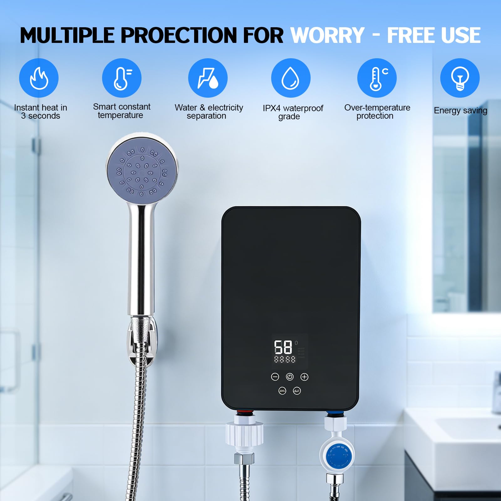 Elektrischer Durchlauferhitzer, 5500W 220V Elektrischer Warmwasserbereiter, Mini Durchlauferhitzer Dusche Kit mit Handbrause LED Temperaturanzeige für Dusche, Badezimmer, Küche