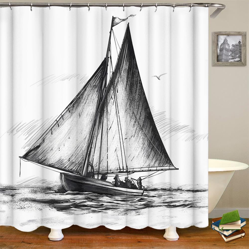 Tenda Doccia RnnJoile Con Stamapa Barca A Vela Bianco E Nero – 180x180 Cm Con Ganci Inclusi