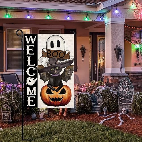 Miniatura 4 de Banderas de bienvenida de Halloween, banderas de fantasmas con cara de gato negro y calabaza de doble cara de 12 x 20 pulgadas, banderas verticales