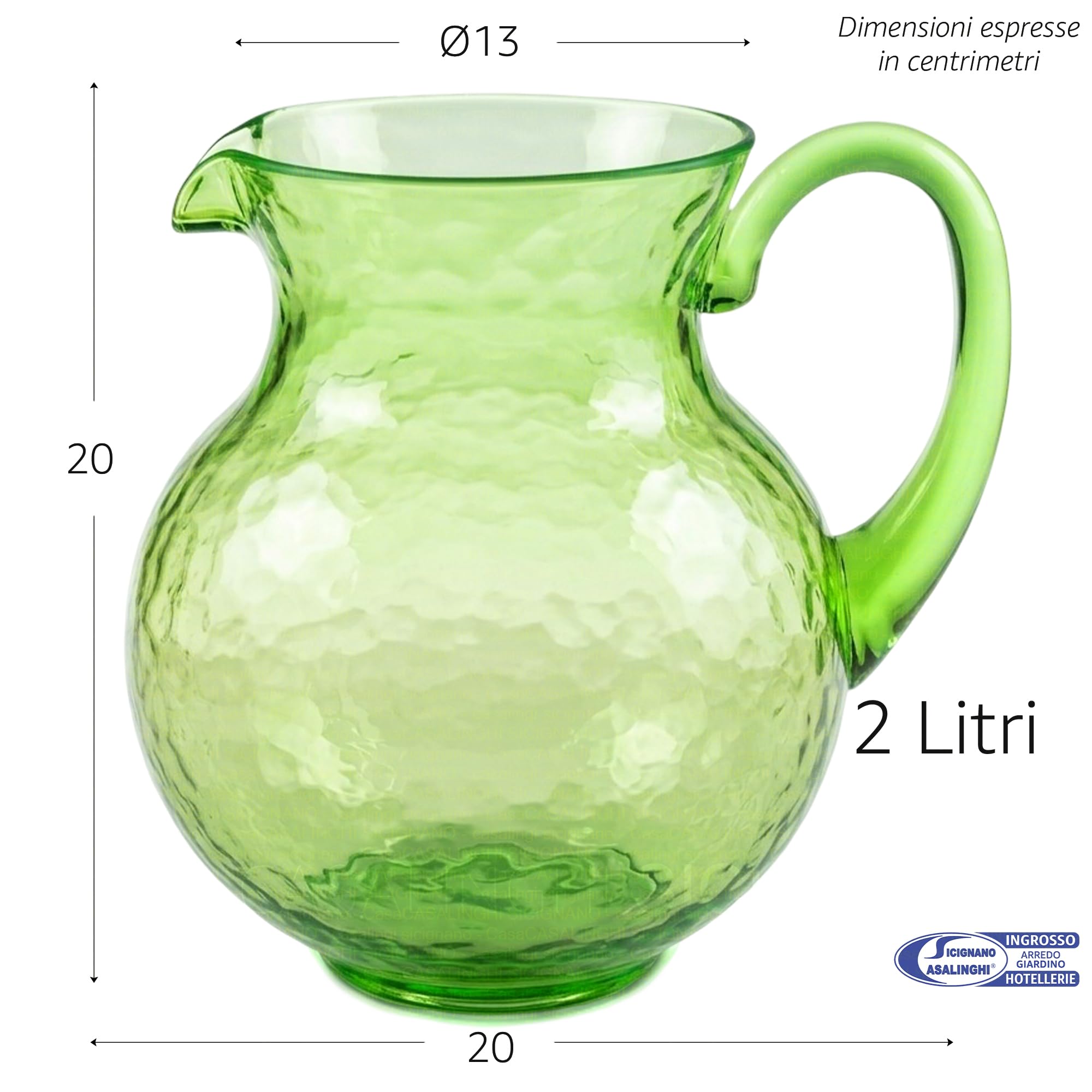 Sicignano Servizio per 6 Persone Caraffa e Calici 430ml in Acrilico Martellato, Set Colore Verde, Vetro Infrangibile