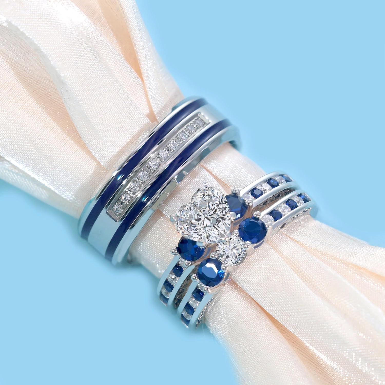 Couple Rings White Gold Plated 925 Sterling Silver Ring Green 1CT Heart CZ Women Wedding Ring Sets Men Titanium Steel Ring