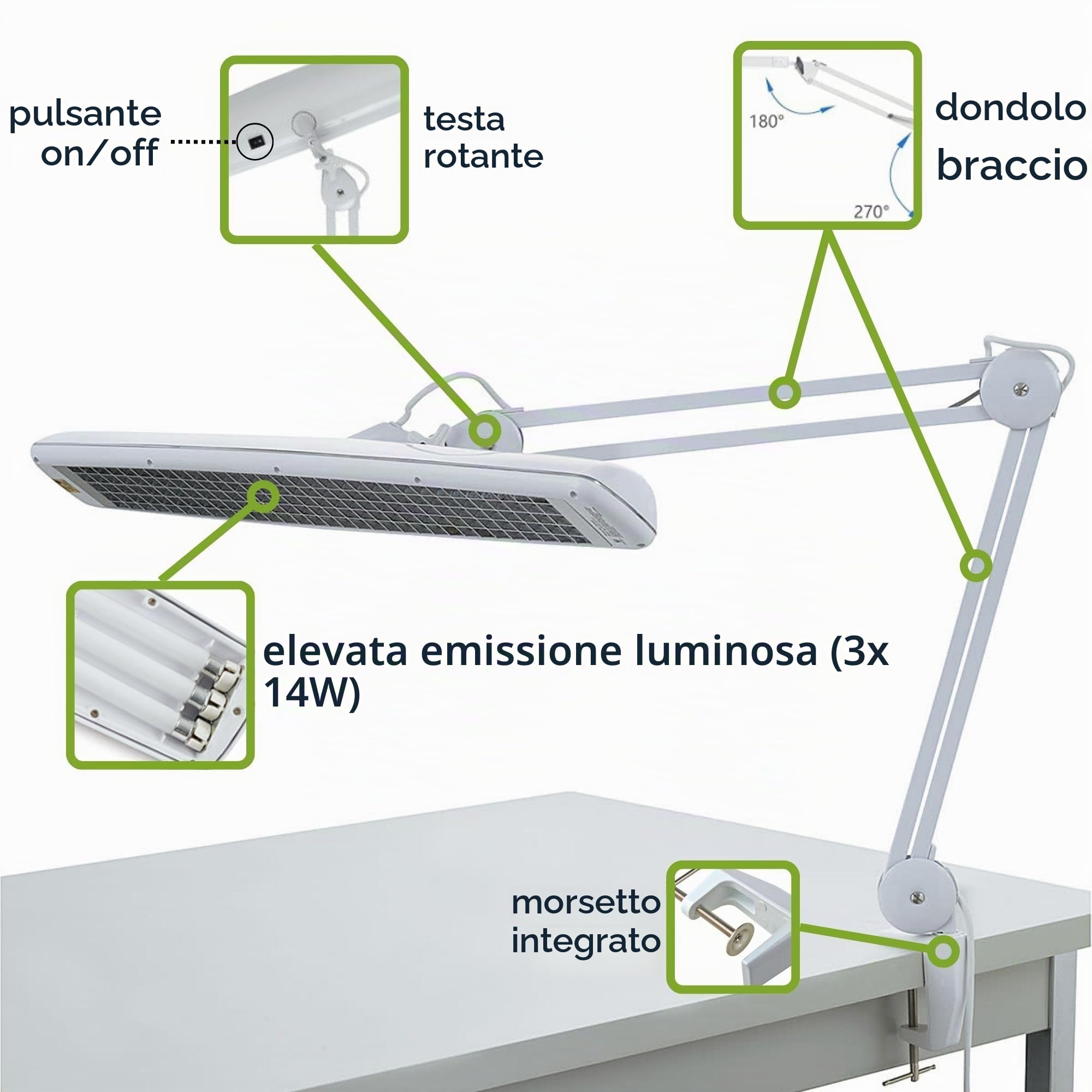 Velleman Lampada da scrivania con morsetto, lampada da lavoro TL 3x 14 W, 2700 lm, luce diurna 6500 K, paralume largo 60 cm, bianca per ufficio, hobby, manicure, cucito e lavori di precisione