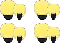 Vista 4 de Juego de vajilla de gres de 16 piezas en forma cuadrada, interior amarillo brillante + exterior negro mate Negro y amarillo