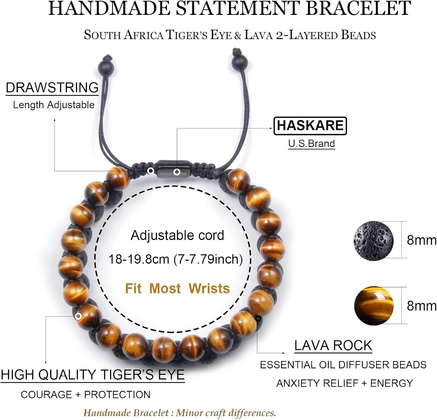 HASKARE Tigers Eye Crystal Bracelets for Men, Energy Beads Bracelet Real Tigers Eye Lava Rock Gemstone, Handmade Protection Crystal Bracelet Mens Bracelets Father Christmas Gift for Men Anxiety Relax
