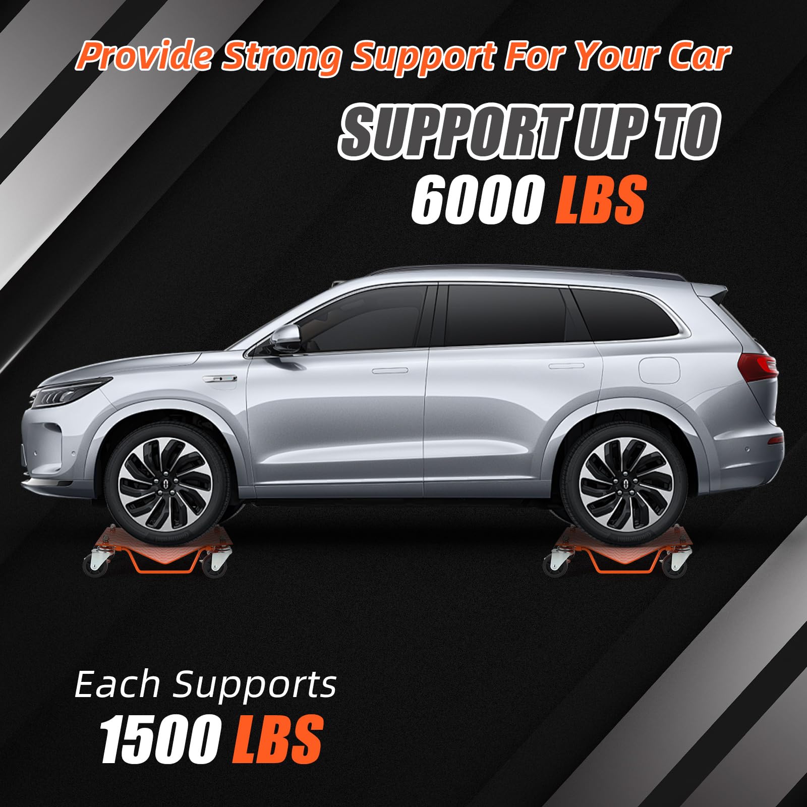 Garvee Carros Rodantes de Acero para Ruedas de Coche - Capacidad Total 1360 kg (3000 lbs), Ruedas Giratorias 360° con Freno, Plataforma Antideslizante para Garaje y Taller, Pack de 2 Unidades Naranja