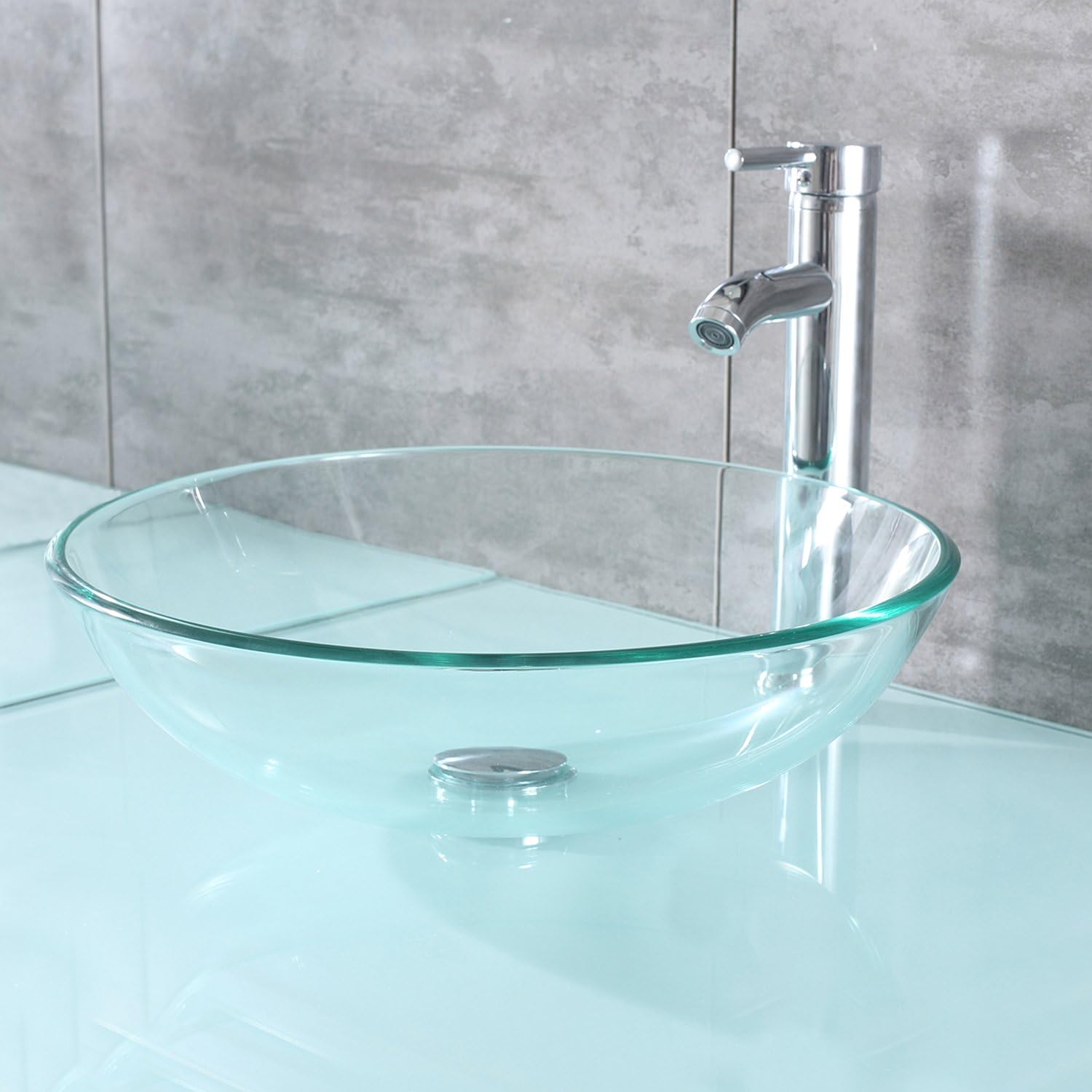 Tempered Glass Vessel Bathroom Vanity Sink Round Bowl, Chrome Faucet & Pop-up Drain Combo