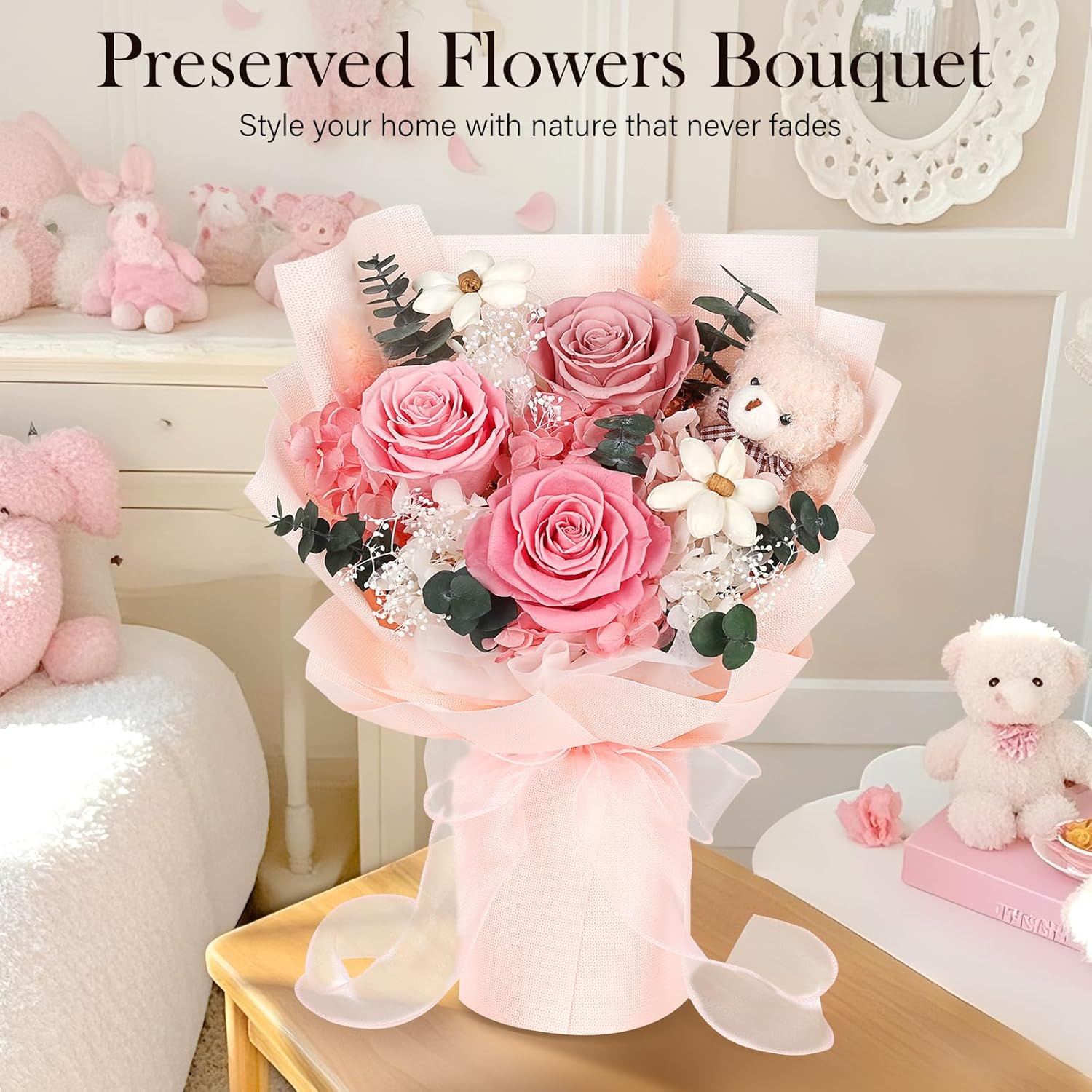Preserved Flowers Bouquet with Bear, 3 Real Forever Flowers for Delivery, Long-Lasting Pink Eteranl Roses Bouquet, Anniversary Birthday Valentine Gifts for Women Mom Grandma Her Wife Girlfriend - Image 3