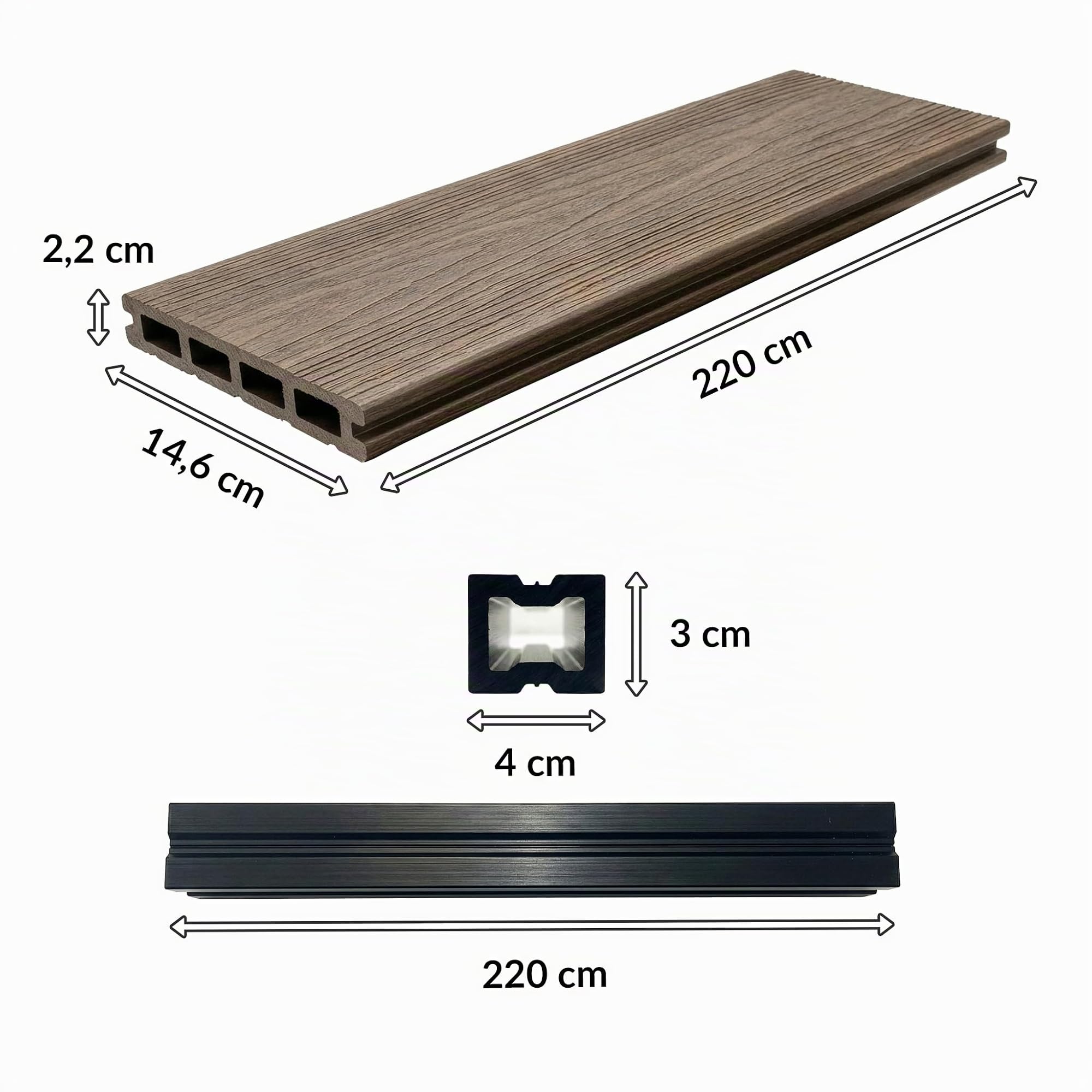 Floordirekt WPC pavimentazione per terrazza 220x14,6cm – Assi piene con camera d'aria, set completo, incl. sottostruttura & materiale di montaggio, resistente agli agenti atmosferici e ai raggi UV per
