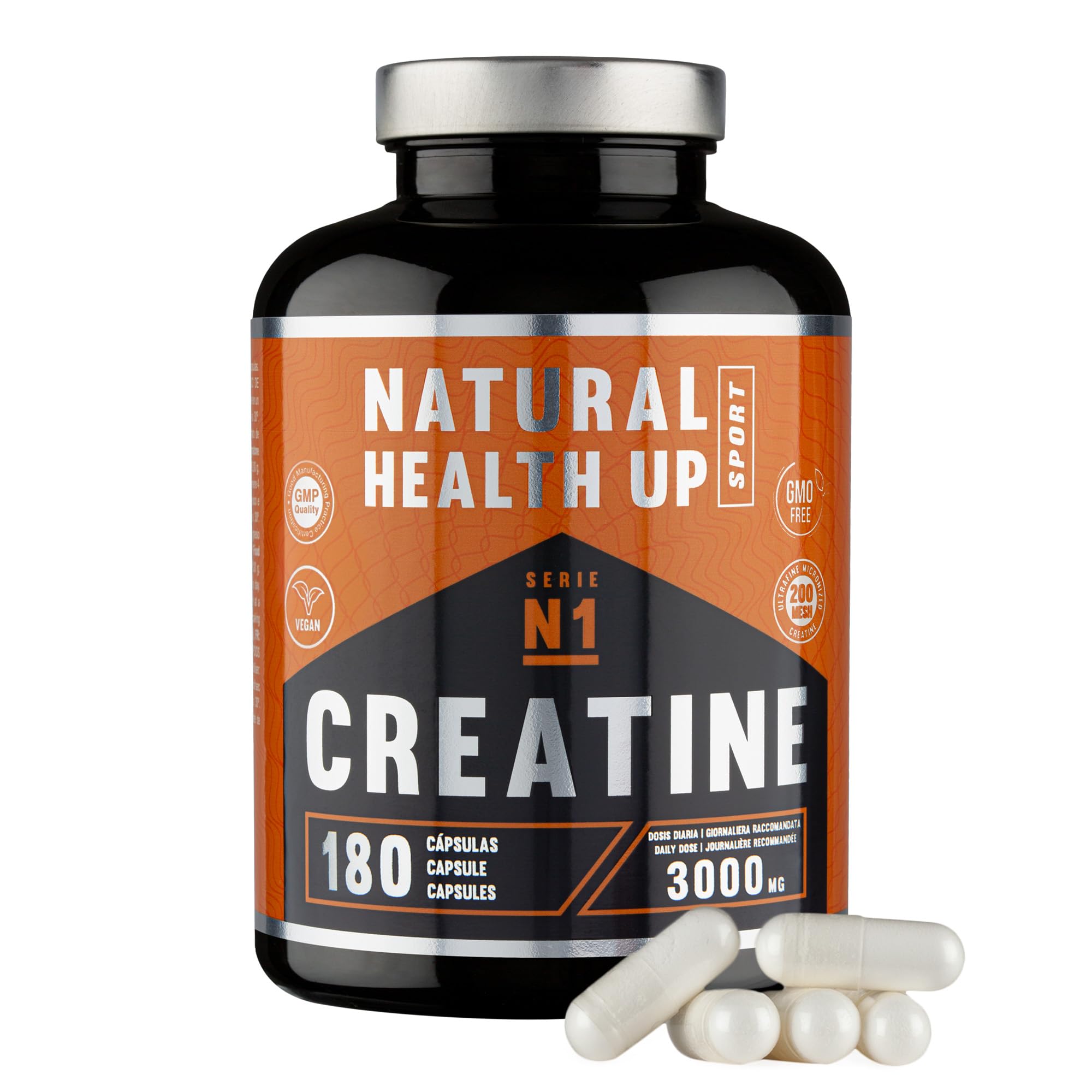 Creatina monohidratada – Complemento alimenticio que facilita el aumento de la masa muscular y refuerza la resistencia y mejora el rendimiento físico. No-GMO |100% Vegano | GMP QUALITY - 180 cápsulas