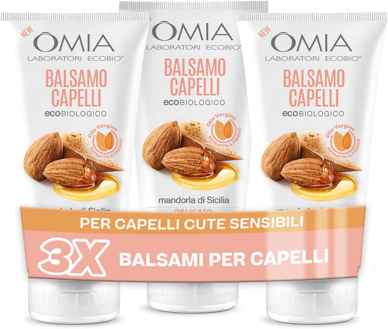 Omia, Balsamo Capelli Eco Bio con Mandorla di Sicilia per Capelli e Cute Sensibile, Formula Delicata, Balsamo per Lavaggi Frequenti, Senza Siliconi e SLES, 3 Flaconi da 180 ml - Esclusiva Amazon