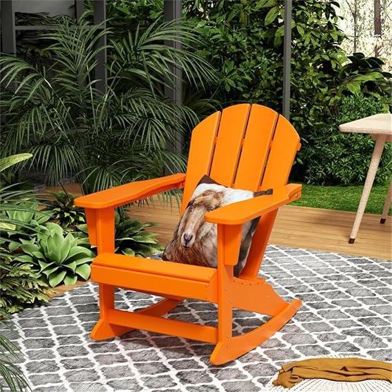Costaelm Outdoor Adirondack Chair, All Weather Resistant Classic Balcony Chair and Fire Pit Chairs, Adirondack Plastic Outdoor Porch Furniture Rocking Chair High Back HDPE Poly Lumber, Orange