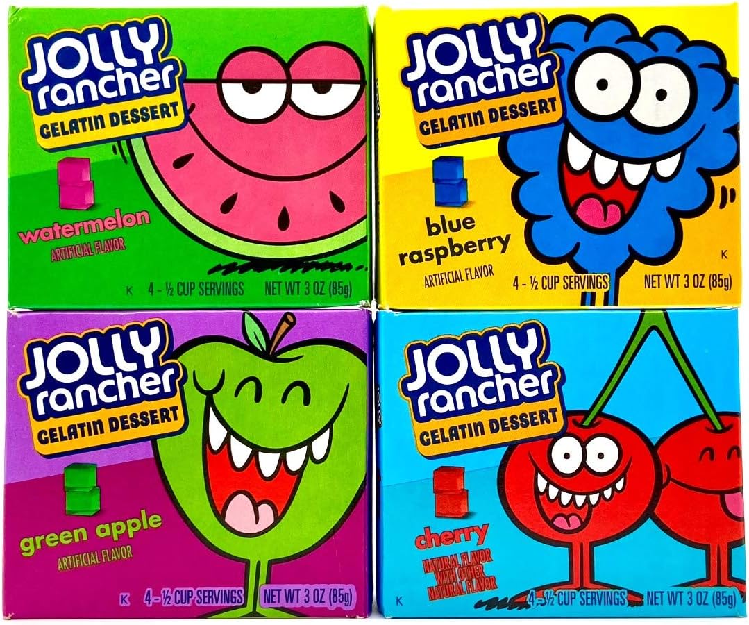 Jello Shot Bundle with Jolly Rancher Jello Gelatin. Watermelon, Green Apple, Blue Raspberry and Cherry Flavors. Includes Jello Shot Recipes from Carefree Caribou!