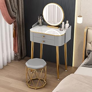 Schminktisch mit beleuchtetem Spiegel und Schublade für kleines Schlafzimmer, Make-up, Schminktisch mit LED-Lichtern, moderner Schminktisch für Frauen und Mädchen (Weiß, 60 cm)