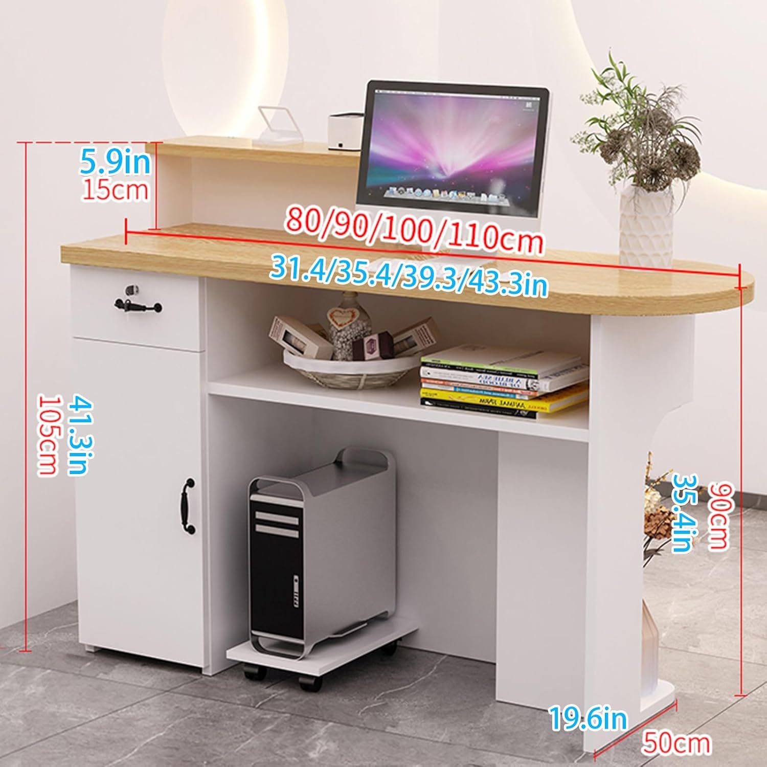 Reception Desk, Front Counter, Reception Counter with Lockable Drawers, Reception Table for Salon Reception Room Checkout Office(Brown L,80cm/31.4in)