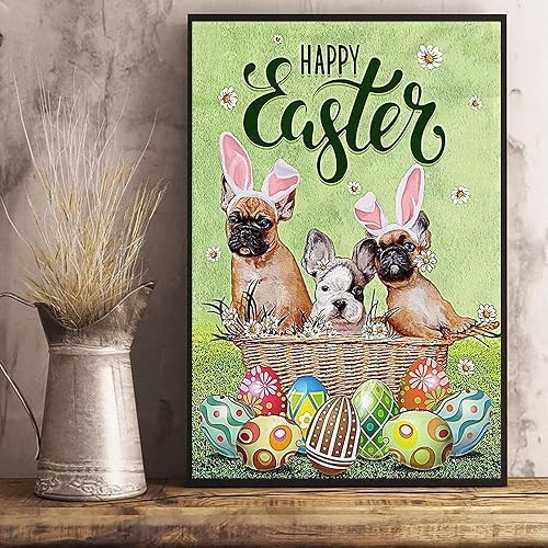 HOUVSSEN Póster de Bulldog francés de Feliz Pascua, póster religioso cristiano, letrero de metal, letrero decorativo, decoración de cafetería, bar,