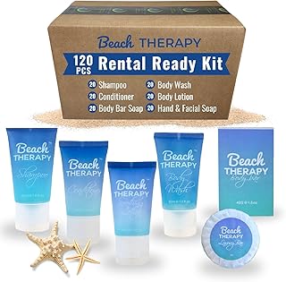 Beach Therapy - Complete Hotel Toiletry kits with 1oz Travel Size Shampoo, Conditioner, Body Wash, Lotion, and 2 Hotel Soaps. Air BnB Essentials - Rental Ready Kit (120 Piece)