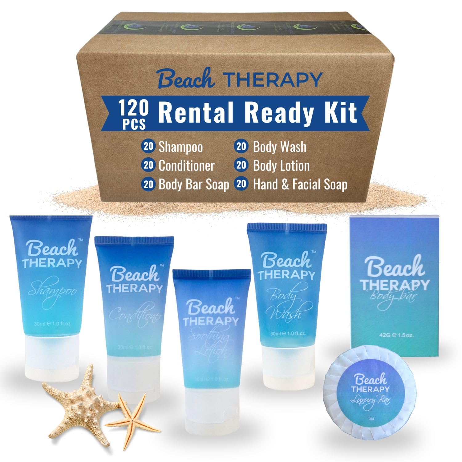 Beach Therapy - Complete Hotel Toiletry kits with 1oz Travel Size Shampoo, Conditioner, Body Wash, Lotion, and 2 Hotel Soaps. Air BnB Essentials - Rental Ready Kit (120 Piece)