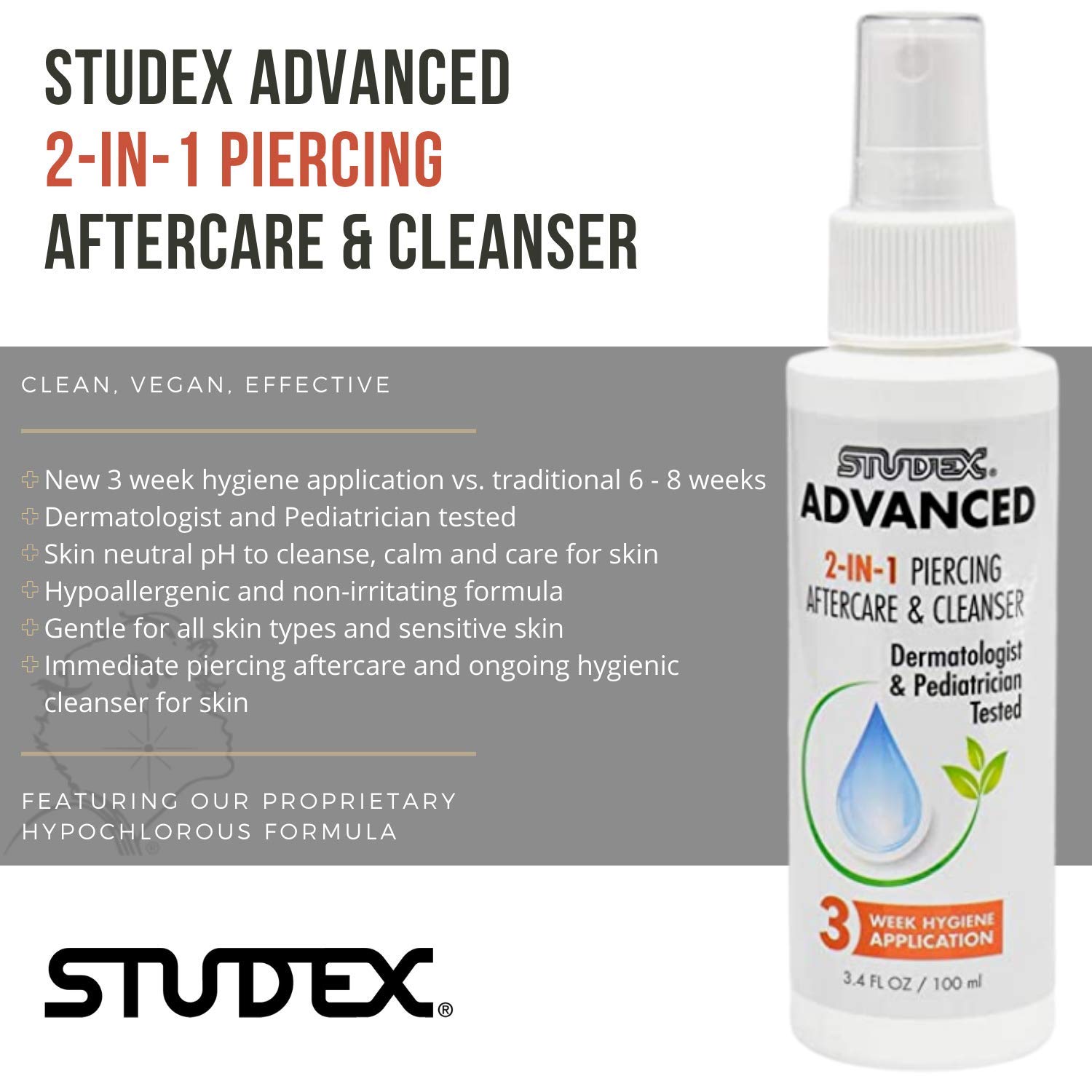 Advanced Piercing Aftercare & Cleanser 3.4oz Hypochlorous Acid Solution for Pierced Ears