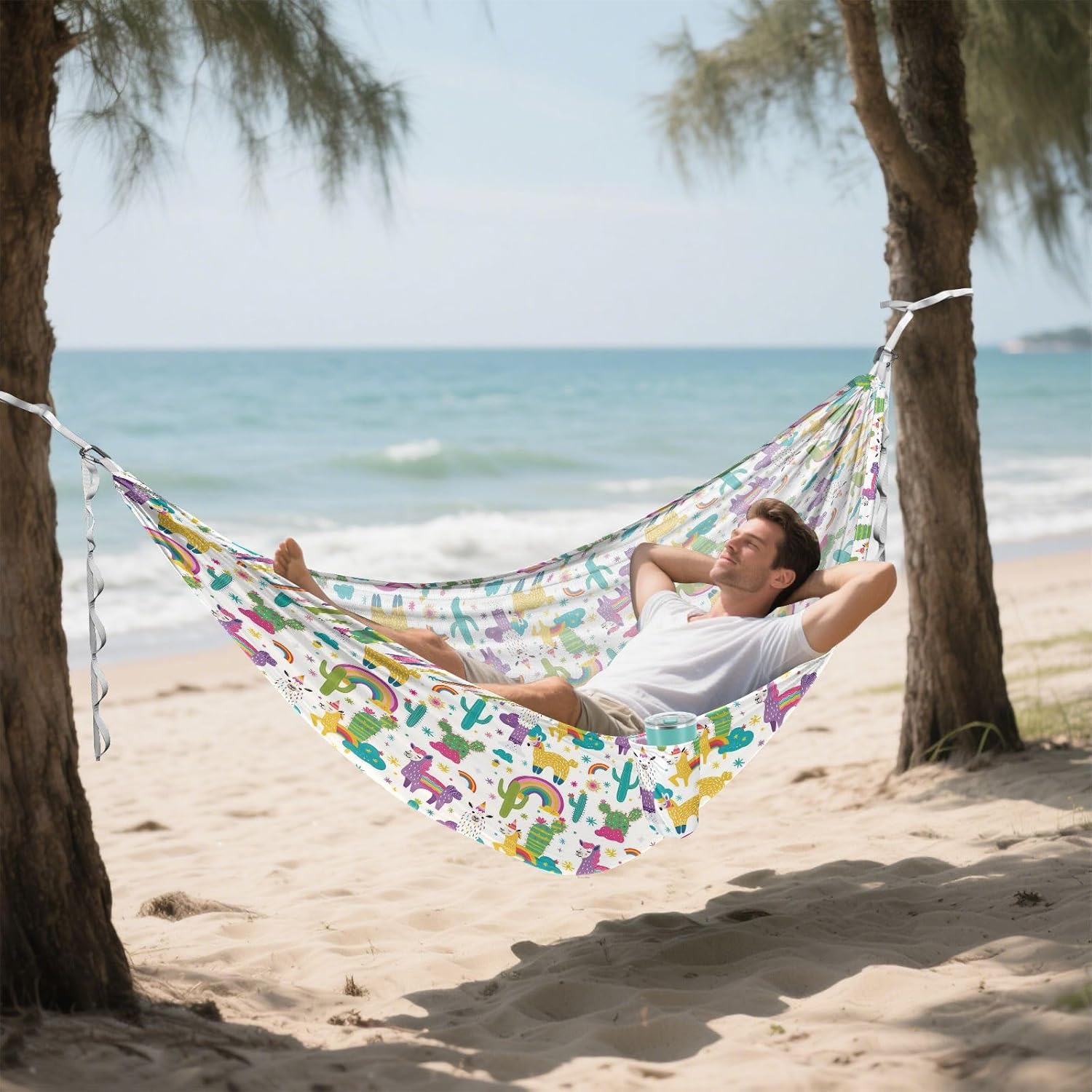 ALAZA Llama Alpaca Cactus Rainbow Camping Hammocks Single or 2 Person 500 lbs Portable Parachute Travel Hammock w/Tree Straps for Hiking Backpacking Indoor Outdoor