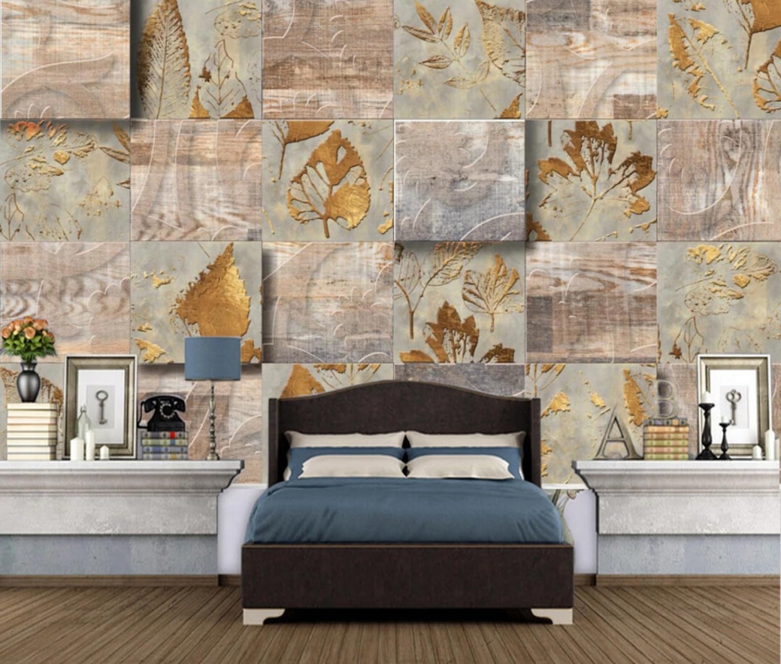 Papier Peint Panoramique Feuilles D'Or décor mural 3D haut de gamme salon