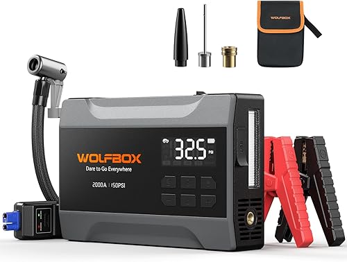WOLFBOX Arrancador de salto de 2000 A con compresor de aire, batería de coche de 10000 mAh arrancador portátil (hasta 5 L de gasolina) con inflador