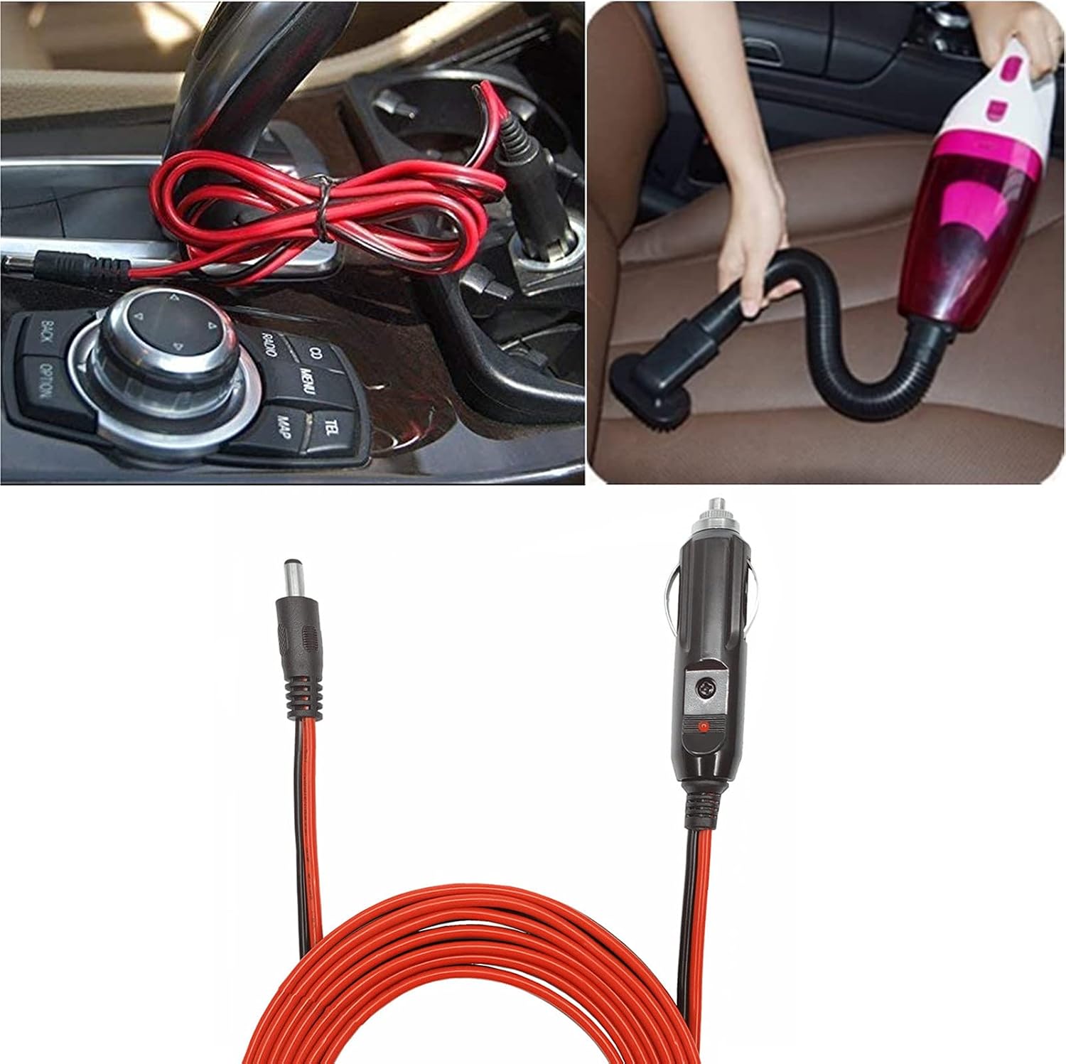DC 5.5 x 2.1mm Connector Car Charger Power Supply Cord 10ft - 12v 24v Cigarette Lighter Male Plug with LED Light 16AWG Wire 15A Fuse for Portable DVD Player, Car, Camera
