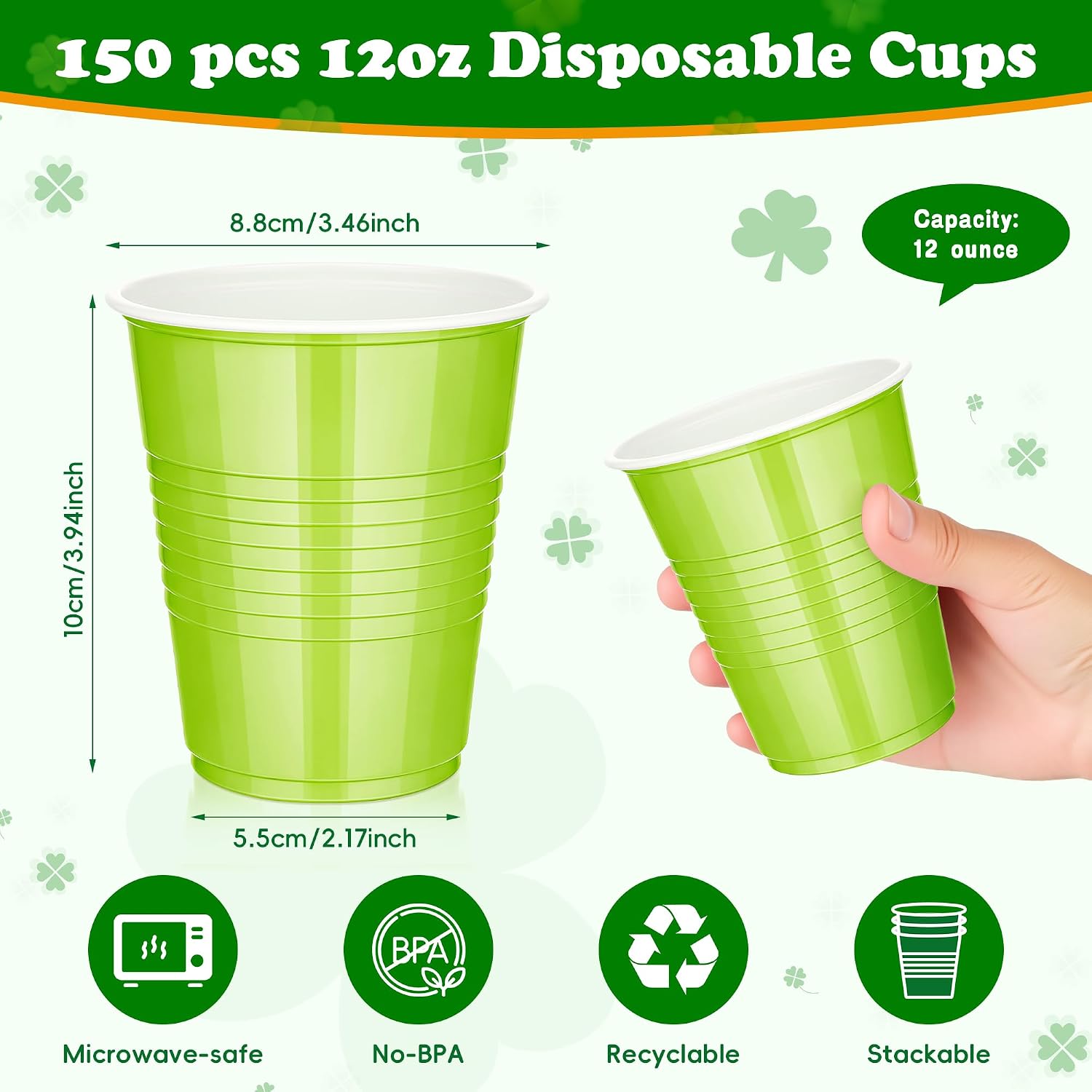 DI QIU REN 150Pack 12OZ Green St. Patrick's Plastic Cups, Yellow Light and Dark Green Disposable Cups for Wedding Birthday Festival Family Holiday Party Supplies