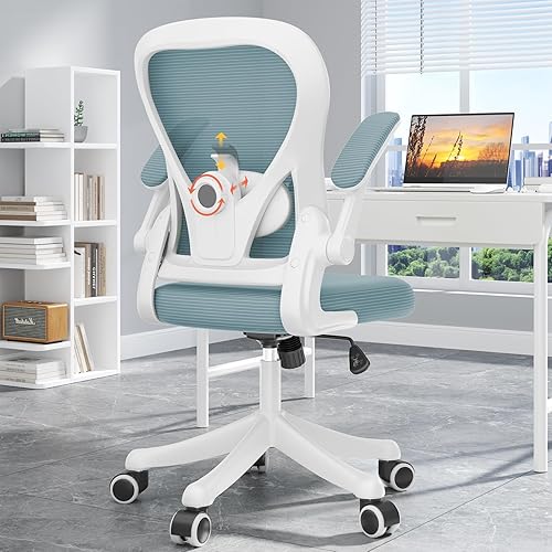 Dripex Ergonomic Office Chair, Mid Back Computer Desk Chair with Flip-Up Arms, Mesh Chair with Adjustable Lumbar Support & Height, Swivel Task Chairs for Home/Bedroom/Study/Working,Blue Grey