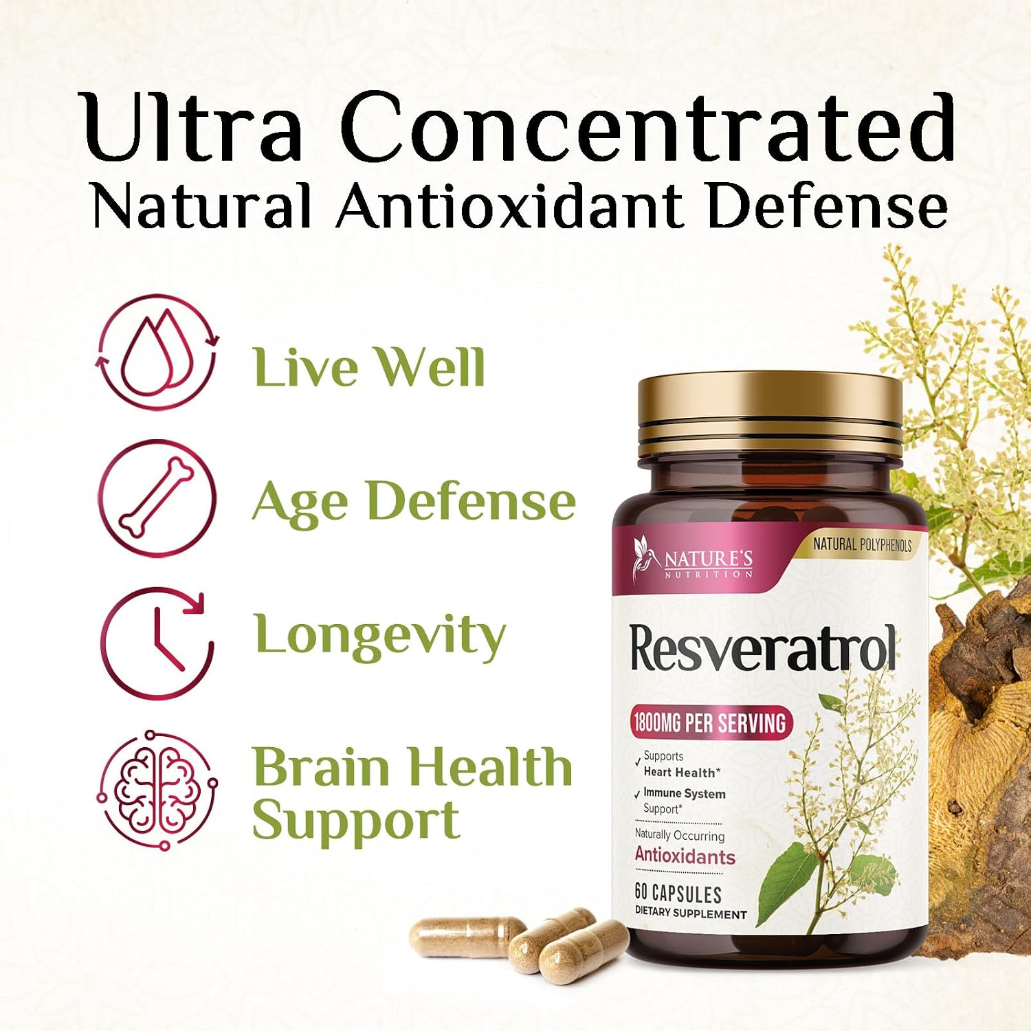 Resveratrol Supplement - 1800mg Per Serving Extra Strength Resveratrol Blend - Antioxidant Blend for Healthy Aging, Heart Health, Cellular Energy & Immune Support - Bottled in USA - 60 Capsules
