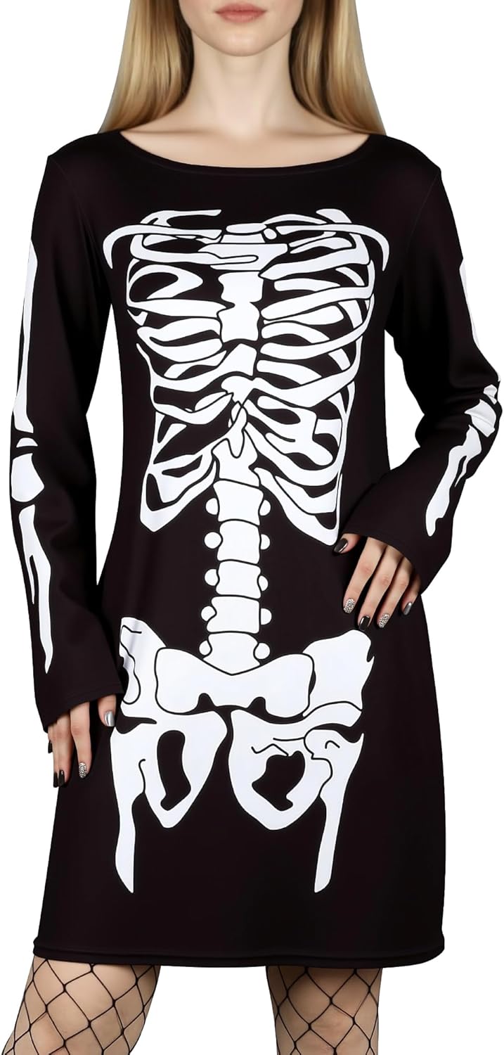 Halloween Skeleton Dress for Women Long Sleeves Funny Stretchy Midi Dresses S-XXL Skeleton Medium