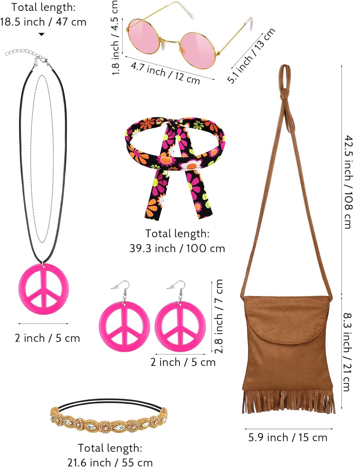 AOTHSO 8 Pcs 70s Women Hippie Costume Set Includes Fringe Vest Bag Pants Headband Necklace Earrings Sunglasses for Halloween - Image 3