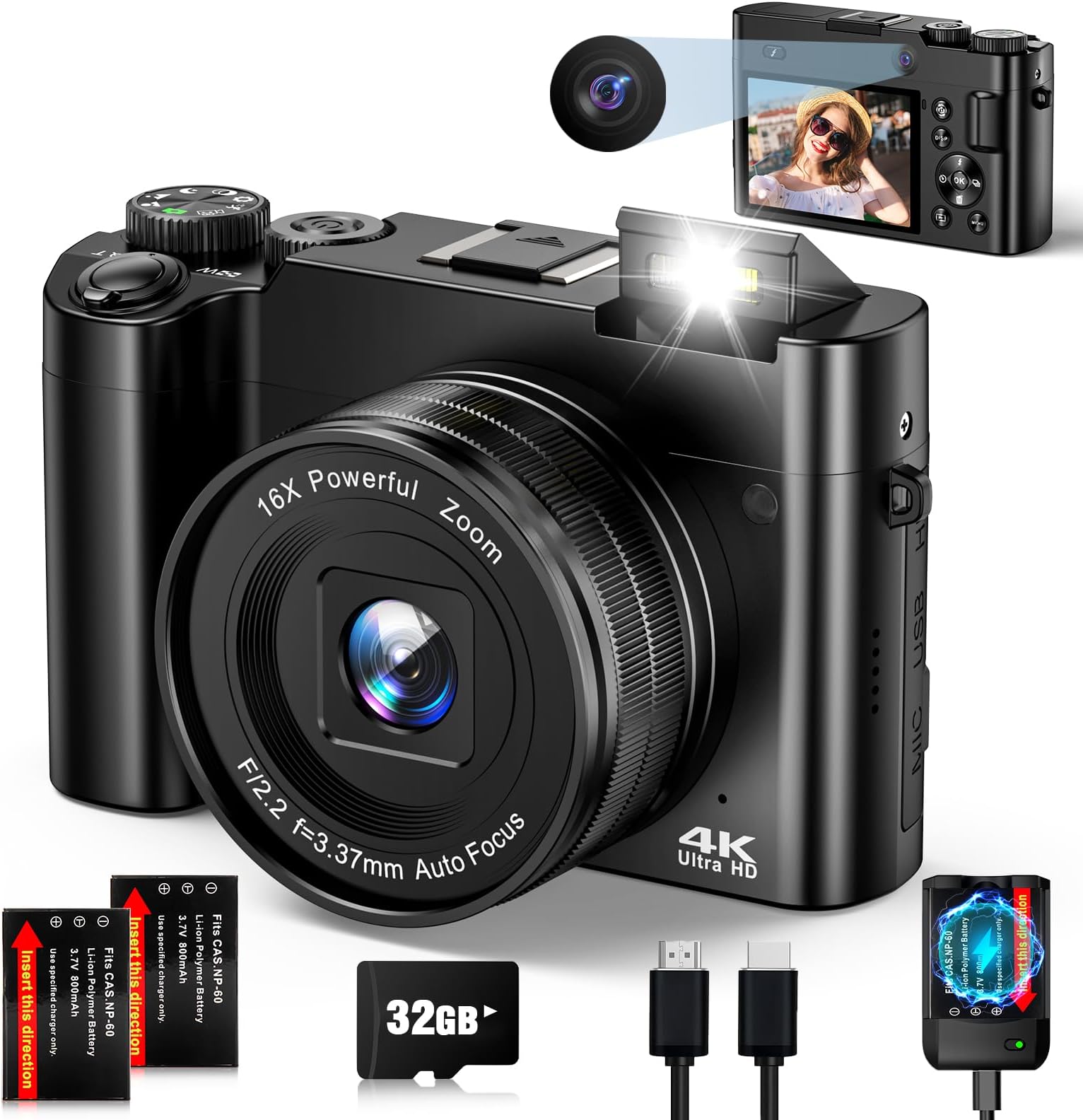 Digital Camera 4K 64MP Autofocus Compact Vlogging Camera with Dual-Lens, 32GB Card, 16X Digital Zoom, 2 Batteries, Flash, Anti-Shake (Black)