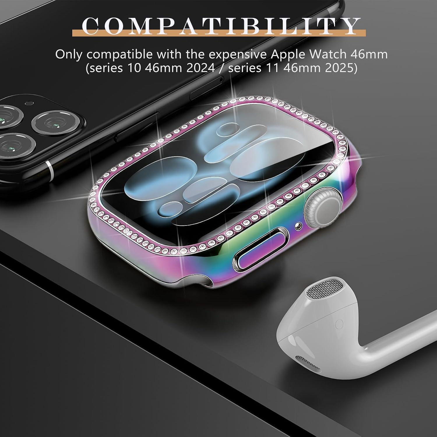 Bling Case for Apple Watch Screen Protector 46mm, for iWatch Series 10/11 Case 46mm Protective Face Cover with HD Clear Screen Glass for Apple Watch 11/10 Band Accessories (46 mm, Colorful)
