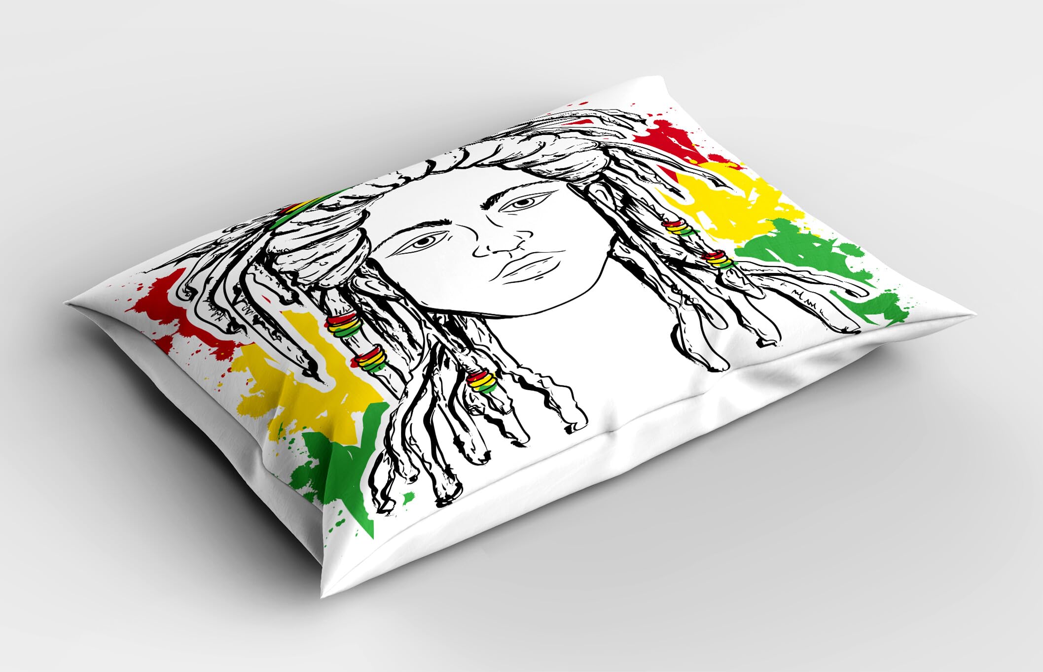 Ambesonne Rasta Pillow Sham Set of 2, Grunge Ethiopian Flag Colors with a Black and White Sketchy Girl Image, Quality Microfiber Bedding Item for All Seasons, 36