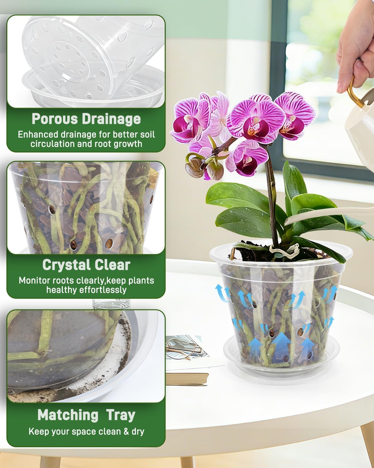 10 Pack 7 Inch Orchid Pot , Deeper and Thicker Plastic Orchid Pots with Holes, Clear Orchid Pots with Holes and Saucers for Repotting , Indoor and Outdoor Orchid Planter for Healthy Root Growth