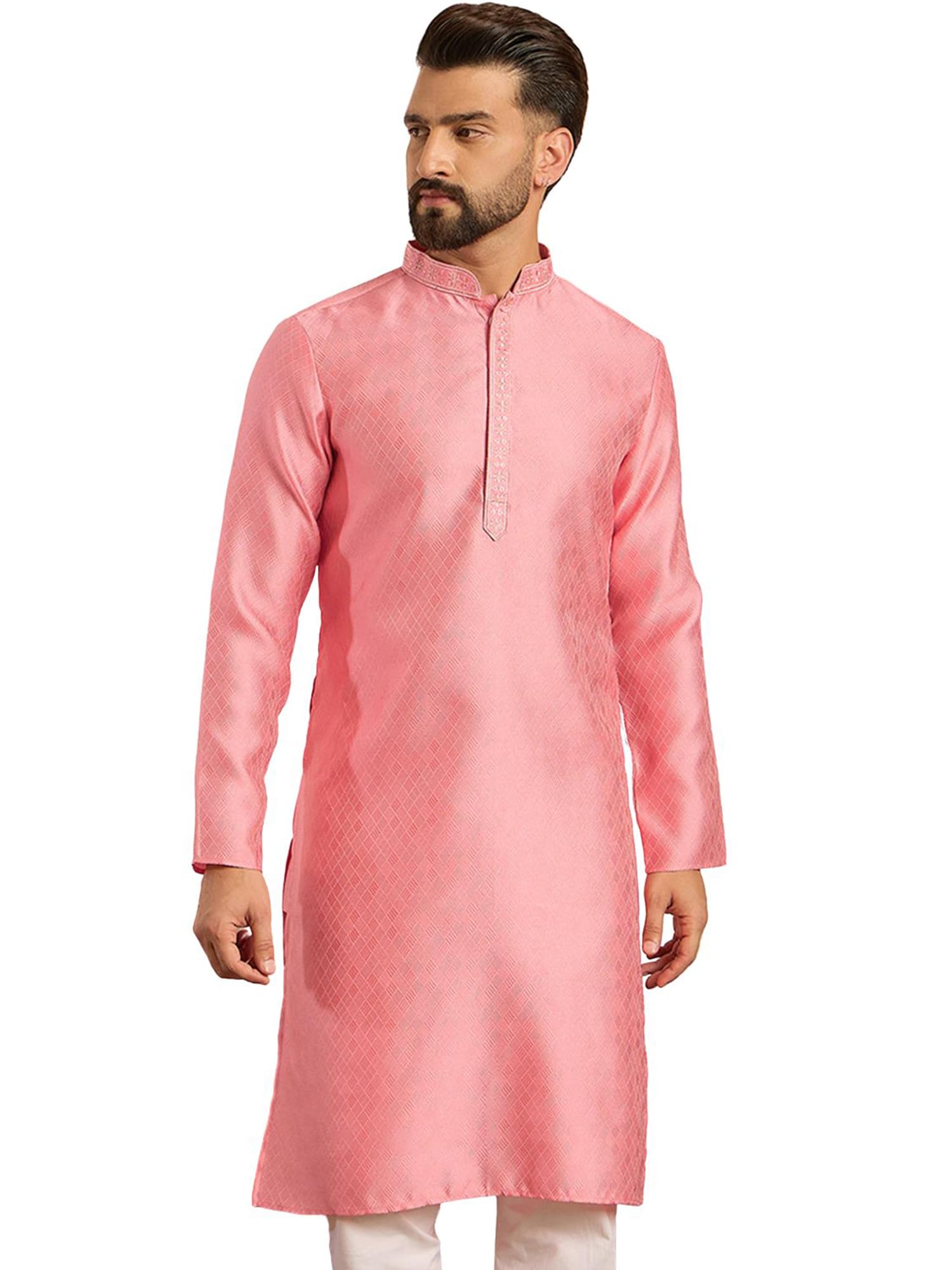 Mens Pink Polyester Embroidered Solid Calf Length Kurta | Men's | Kurta for Men | Straight Fit Kurta's for Men's-image-8