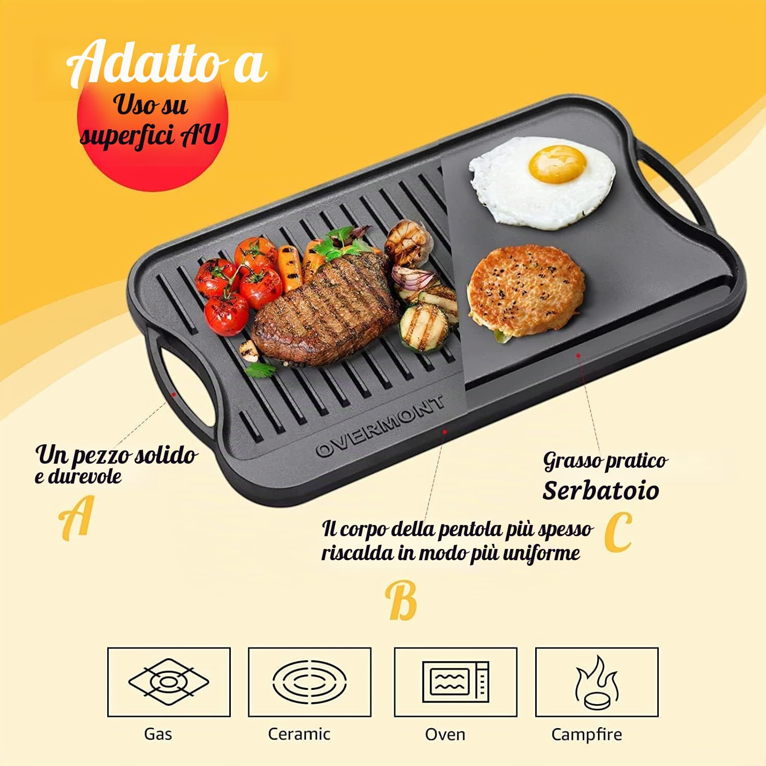 OVERMONT Bistecchiera reversibile in ghisa pre-stagionata, con manici, per piano cottura a gas, forno a fuoco aperto, 43,18 x 24,89 cm, un vassoio, raschietti inclusi