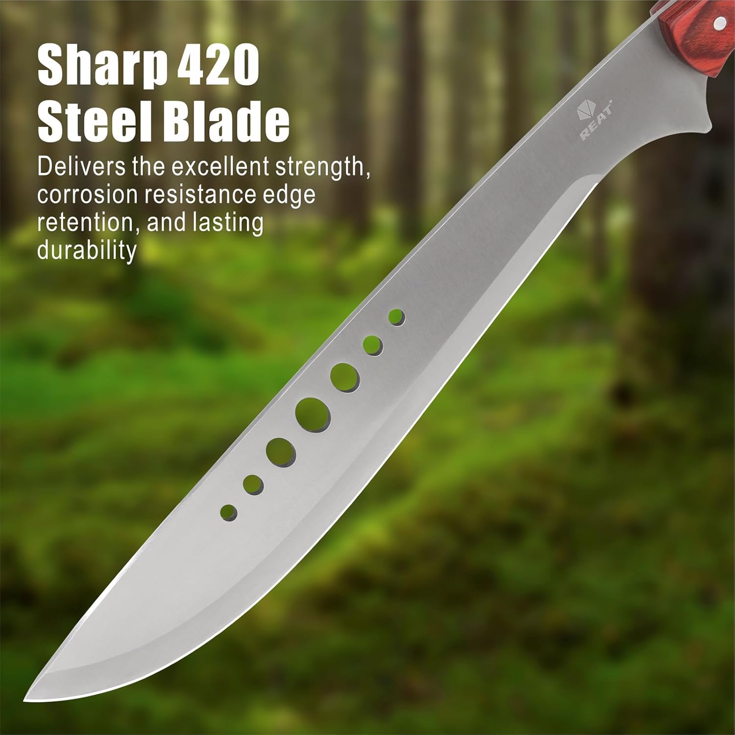 REAT Machete Heavy Duty with Leather Sheath,19-inch Full Tang 420 Stainless Steel Blade with Wood Handle,Machetes for Yard Work, Cutting Trees,Camping,Hunting - Image 2