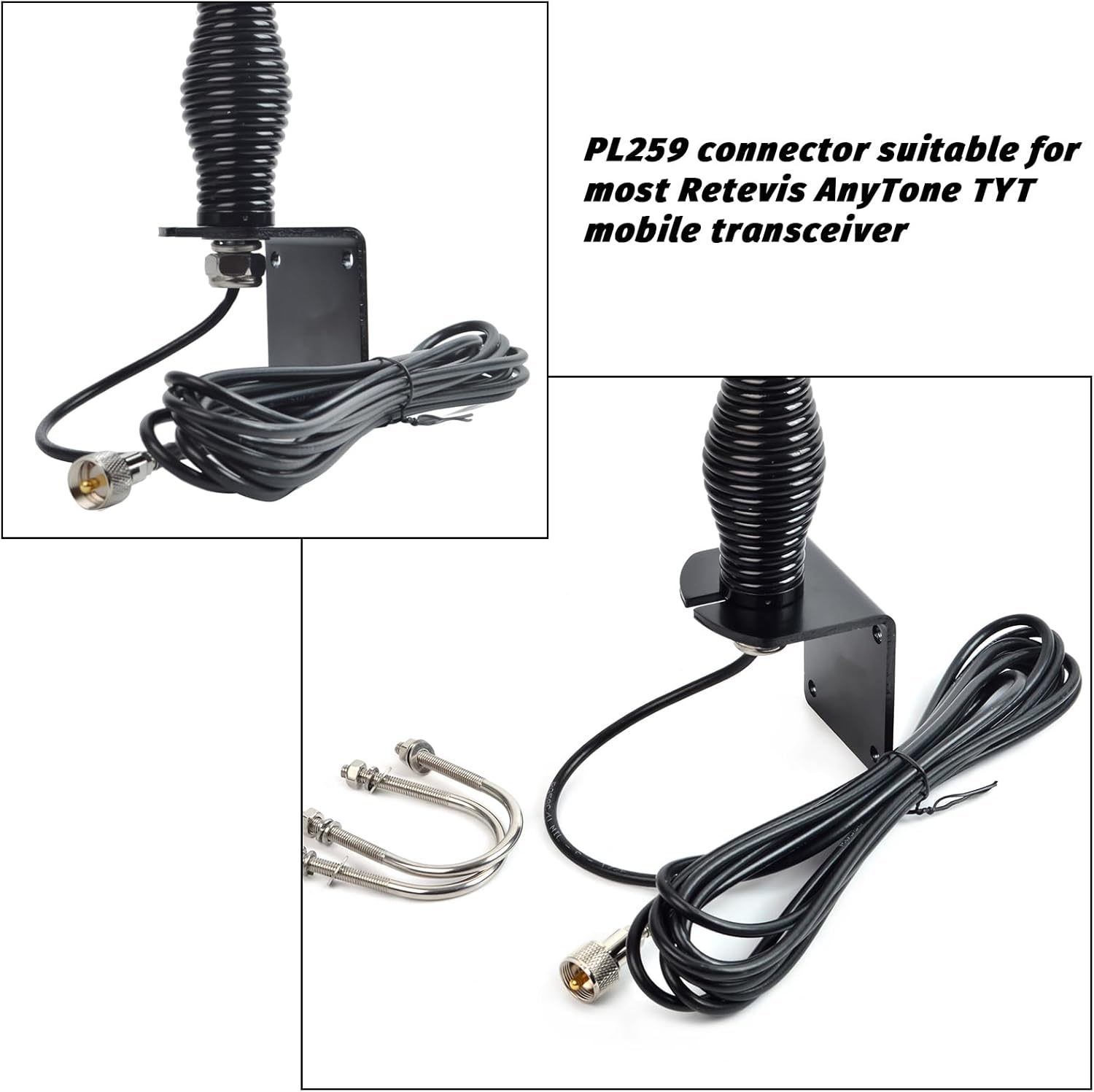 TWAYRDIO 144/430MHz Dual Band Mobile Radio Antenna, Fiberglass Two Way Radio Antenna for Retevis AnyTone TYT 2Meter 70cm VHF UHF Transceiver, Includes Mount Bracket, Spring Base, RG58 Coaxial Cable