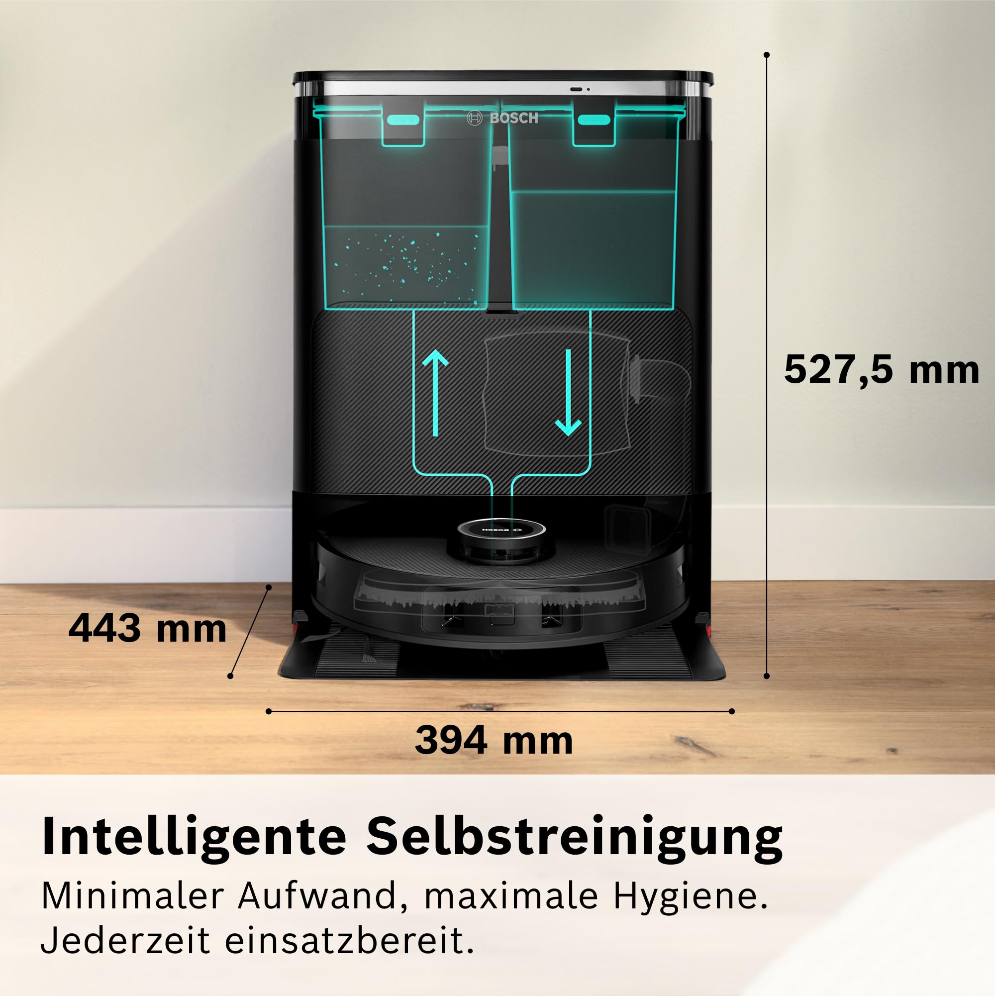Bosch Spotless Max BCRDW3B Saugroboter mit Wischfunktion, 11.000 Pa Saugkraft, rotierende Wischpads, Nass-Trocken-Servicestation, Selbstreinigung, Smart Vision Navigation, Steuerung per App, schwarz