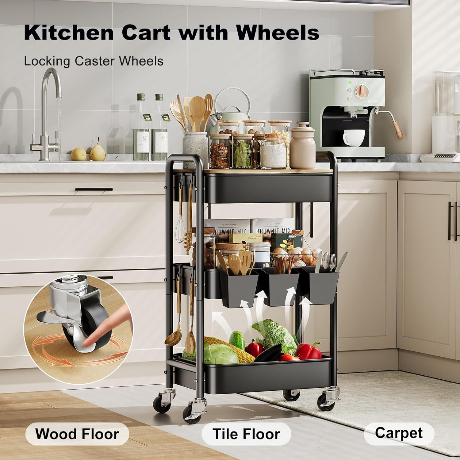 3 Tier Rolling Cart with Wood Table Top, Rolling Cart Table on Lockable Wheels,Rolling Side Table with Storage, Black Utility Carts for Arts and Crafts, Dorm, Medica, Laundry Room, Roller Book Shelf