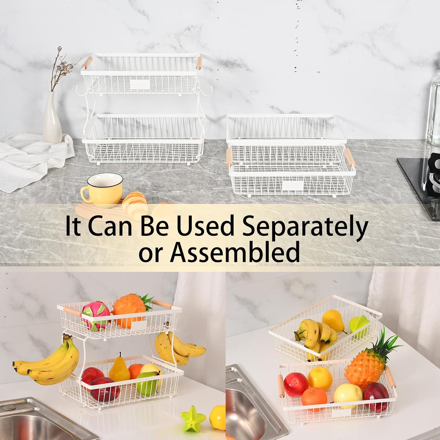 2 Tier Detachable Fruit Basket Bowl with 2 Banana Hangers, Fruit Stand Holder for Kitchen Countertop, Metal Wire Vegetable Storage Organizer, for Bread Snack Veggies Produce, White image 4