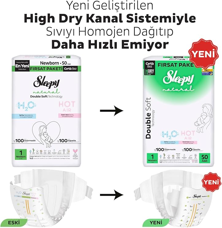 Sleepy Natural Double Soft Ultra Fırsat Paketi Bebek Bezi 1 Numara Newborn 100 Adet