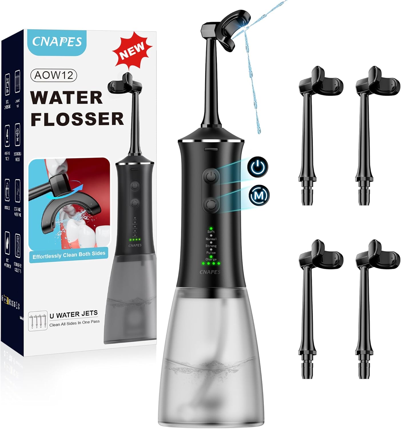 Cordless Water Dental Flosser with 4 U-Shaped Jet – Travel-Friendly, 350ML Larger Tank, 4 Modes & 4 Speeds, 360° Nozzle, Powerful Battery, Cleans Inner/Outer Teeth in One Pass,Black