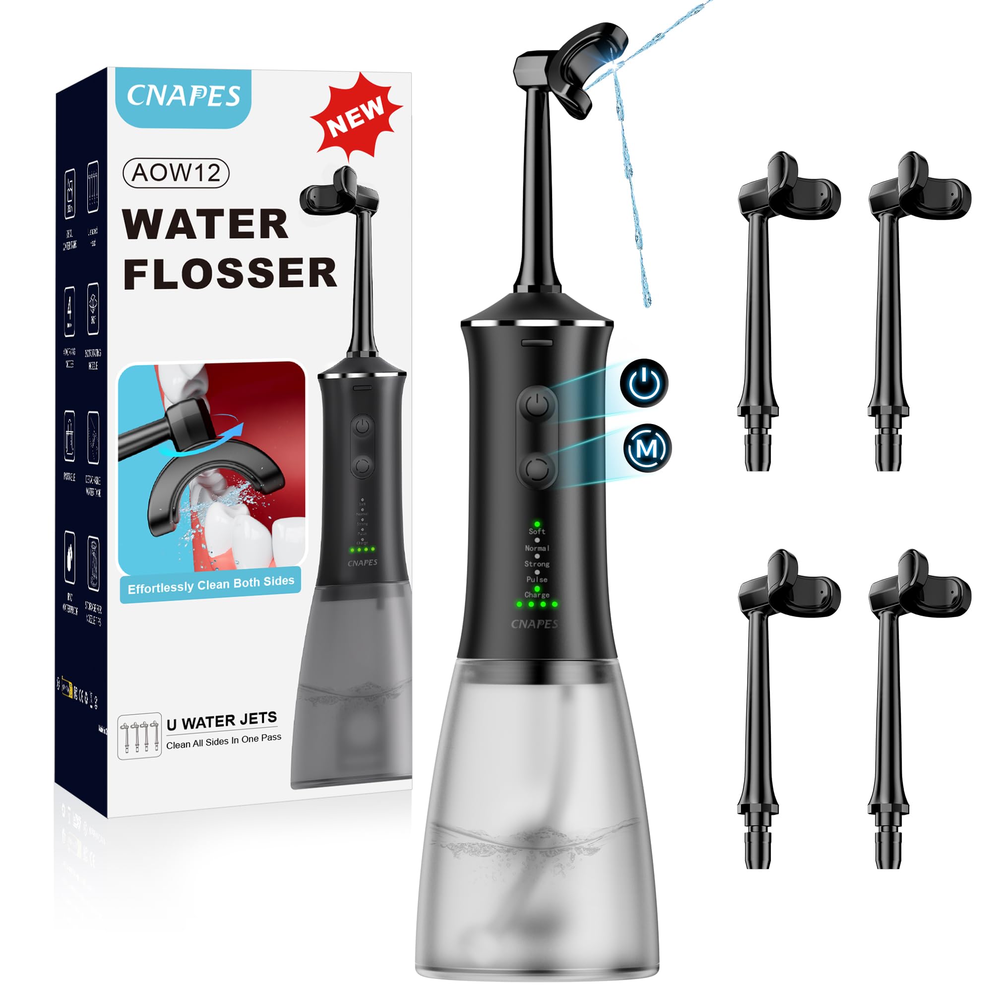 Irrigador bucal inalámbrico para dientes, boquilla en forma de U que limpia profundamente el interior y el exterior, 4 modos, tanque grande de 350 ml, impermeable IPX7, irrigador oral portátil
