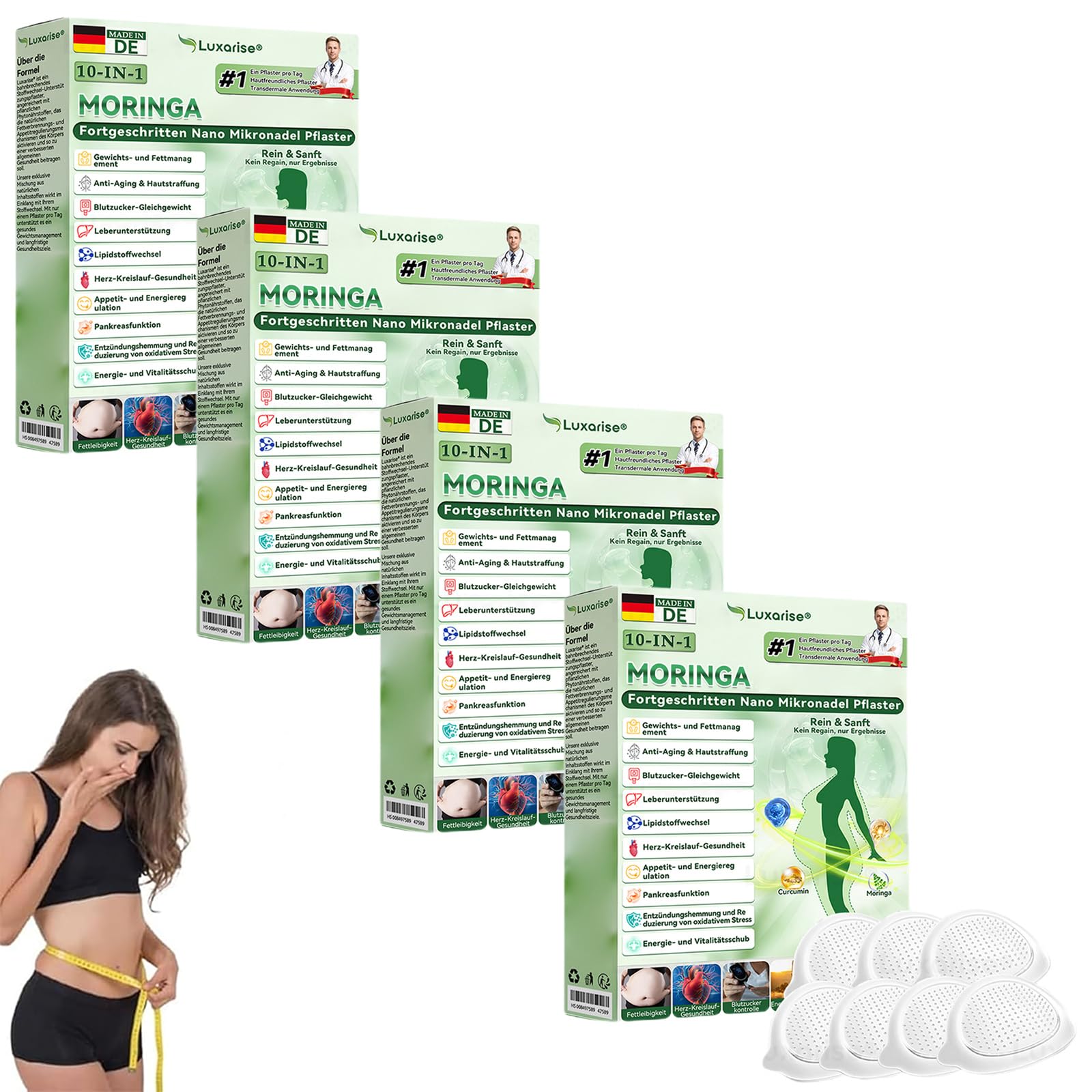 Luxarise Moringa 10-IN-1 Fortgeschritten Nano Mikronadel Pflaster, Natürliches Abnehmpflaster, Luxarise Moringa Pflaster, Sanfte Beruhigung, für Männer und Frauen (4 Stück)