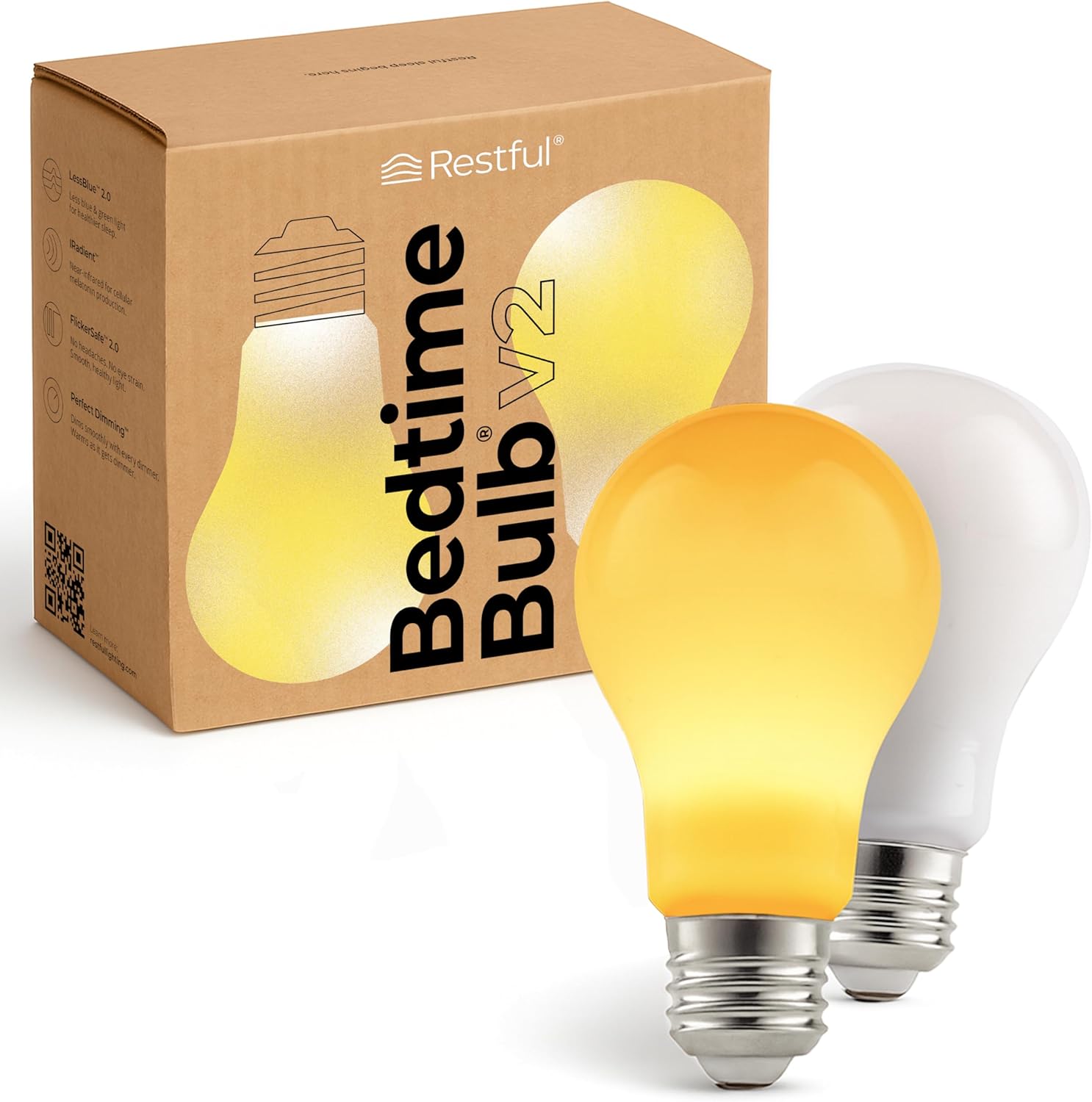 Restful 2-Pack Bedtime Bulb v2 for Better Sleep (45+ Years of Light) – Dimmable Low Blue Light Bulb, Easy Setup, Reduces Eye Strain