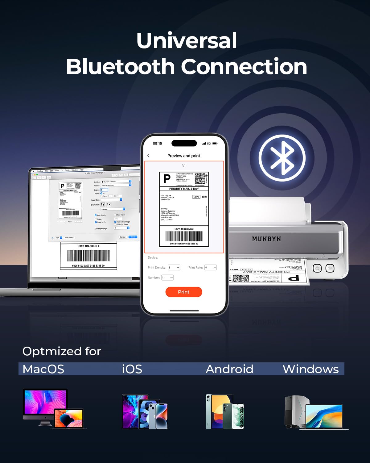 MUNBYN Imprimante Thermique 4x6 avec Tête d'impression remplaçable, Compatible iOS macOS Android Windows, Blanc