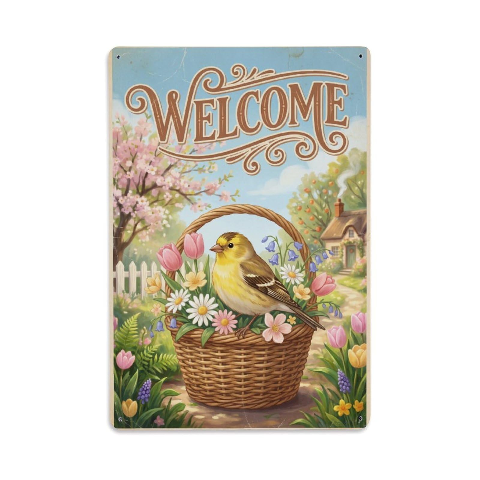 Cxhjca 8X12inch(20X30cm) [Vintage Welcome] Finch Flower Basket Metal Tin Sign